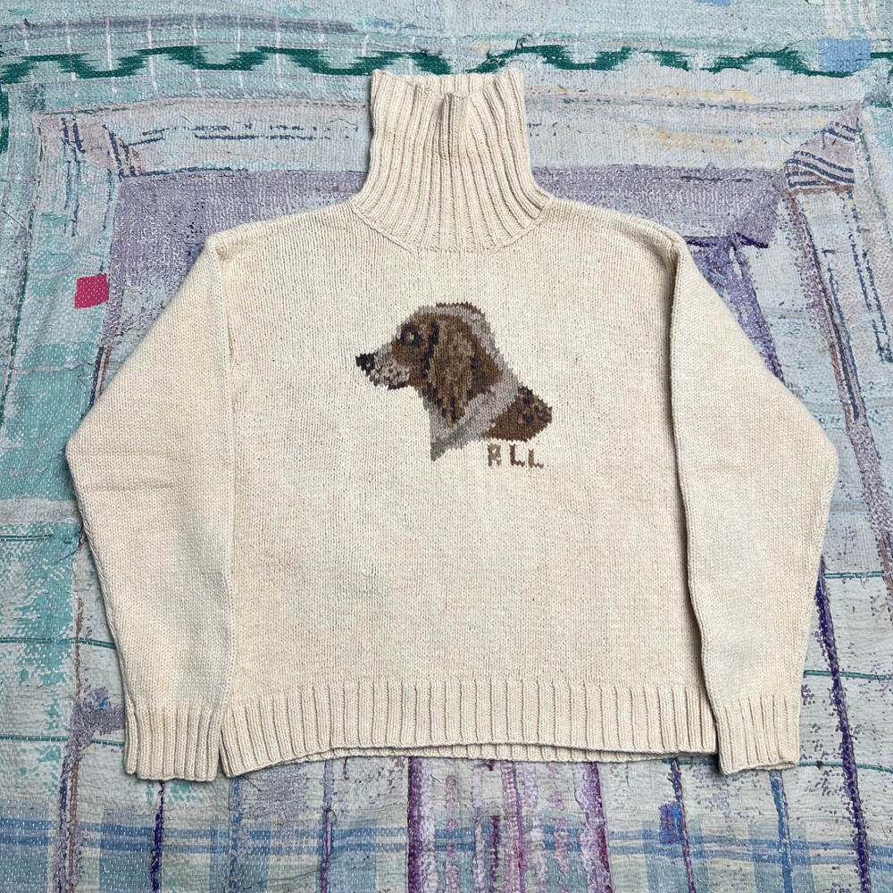 Lauren Ralph Lauren Sweater Womens M Beige 100% Cotton Dog Turtleneck Hand Knit